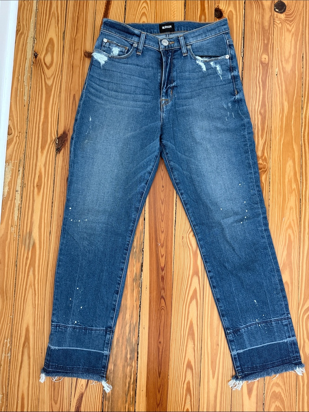 Hudson Jeans Blue Straight-Leg Distressed Paint-Splatter Jeans